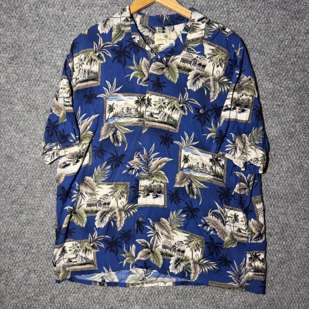 Island Shores Hawaiian Shirt Blue Tropical Palm Tree Rayon Aloha Mens Size XXL